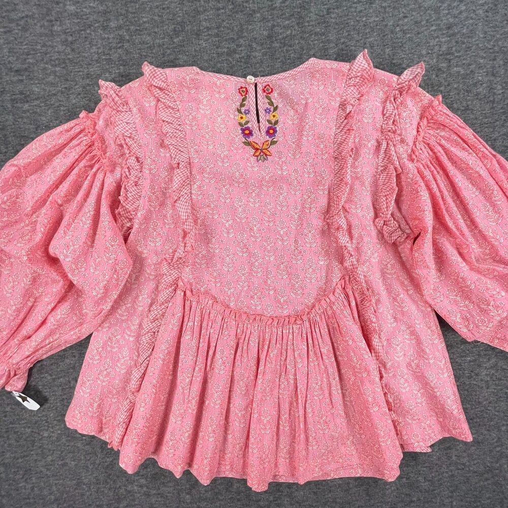 Dee Man India Sample Floral Gingham Ruffle Blouse Embroidered Back Boho S OOAK - Picture 8 of 10